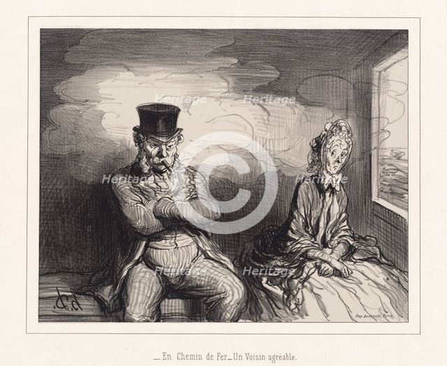En Chemin de Fer - Un Voisin agréable, 1862. Creator: Honore Daumier.