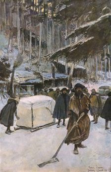 En Alsace; Arrivee de blesses, en traineau, au poste de secours 1915. Creator: Unknown