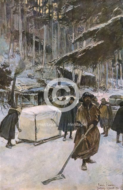 'En Alsace; Arrivee de blesses, en traineau, au poste de secours', 1915. Creator: Unknown.