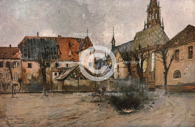 'En Alsace; Eclatement d'un obus allemand pres de l'eglise de Thann', 1915. Creator: Francois Flameng.