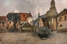 En Alsace; Eclatement d'un obus allemand pres de l'eglise de Thann 1915. Creator: Francois Flameng
