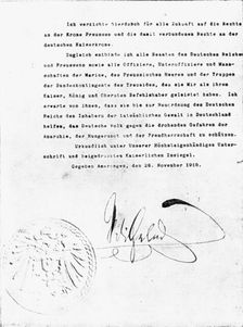 'En Exil; L'acte d'abdication de Guillaume 11, que le kaiser dechu signa seulement le 28 novembre.. Creator: Unknown
