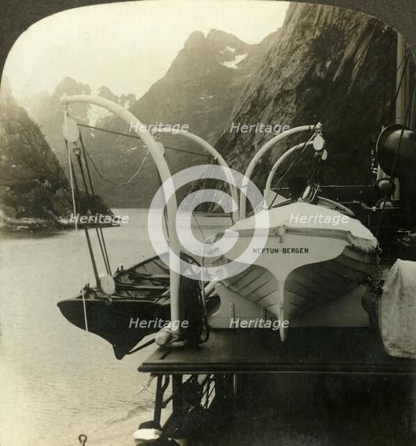 'En route to North Cape-skirting precioitous cliffs along Lyngenfjord, Norway', c1905. Creator: Unknown.