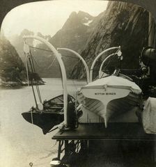 En route to North Cape-skirting precioitous cliffs along Lyngenfjord, Norway c1905. Creator: Unknown
