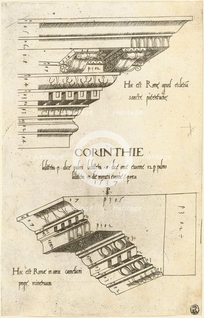 Entablatures from Santa Pudenziana and the Arch of Camigliano, Rome, 1537. Creator: Master PS.