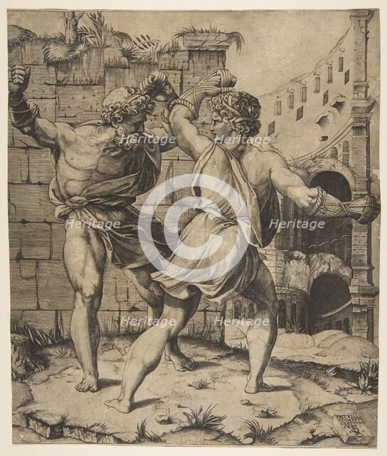Entellus and Dares fighting in front of classical ruins, 1520-25. Creator: Marco Dente.