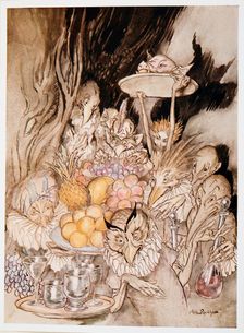 Enter several strange Shapes, bringing in a banquest ….inviting the King, etc. to eat, illustration