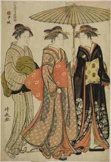 Entertainers of Tachibana (Kitchugi), from the series "A Collection of Contemporary..., c. 1781. Creator: Torii Kiyonaga