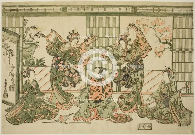 Entertainers performing the hobby-horse dance, c. 1764. Creator: Torii Kiyomitsu.
