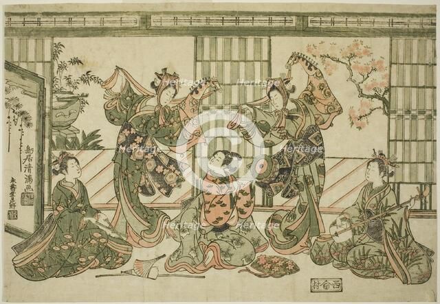 Entertainers performing the hobby-horse dance, c. 1764. Creator: Torii Kiyomitsu.