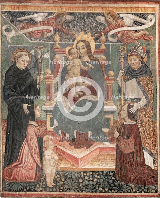 Enthroned Madonna and Child between Saint Nicholas of Tolentino and a bishop, with donors..., 1499. Creator: Cagnola (Cagnoli), Tommaso (vor 1479-um 1509).