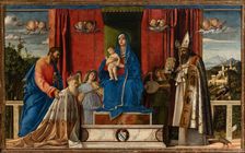 Enthroned Madonna and Child, two musical angels, Saint Mark, Saint Augustine and Doge..., 1488. Creator: Bellini, Giovanni (1430-1516)