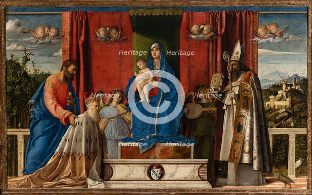 Enthroned Madonna and Child, two musical angels, Saint Mark, Saint Augustine and Doge..., 1488. Creator: Bellini, Giovanni (1430-1516).