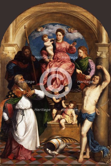 Enthroned Madonna with Child and Saints, ca 1530. Artist: Bordone, Paris (1500-1571)