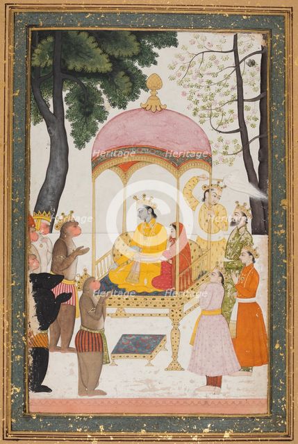 Enthroned Rama and Sita receive homage from their monkey and bear allies, c. 1765. Creator: Unknown.
