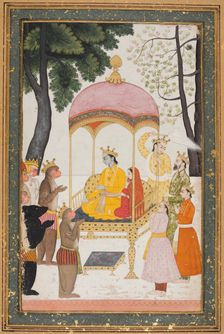 Enthroned Rama and Sita receive homage from their monkey and bear allies, c. 1765. Creator: Unknown