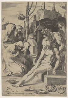 Entombment of Christ, whose chest is grasped by Joseph of Arimathea, with two kneeling and..., 1543. Creator: Enea Vico