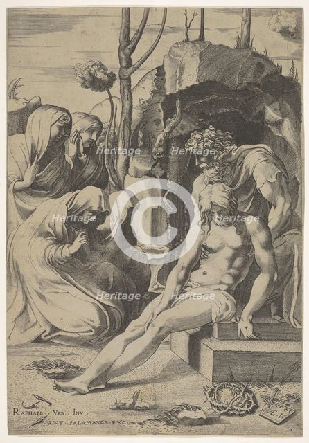 Entombment of Christ, whose chest is grasped by Joseph of Arimathea, with two kneeling and..., 1543. Creator: Enea Vico.