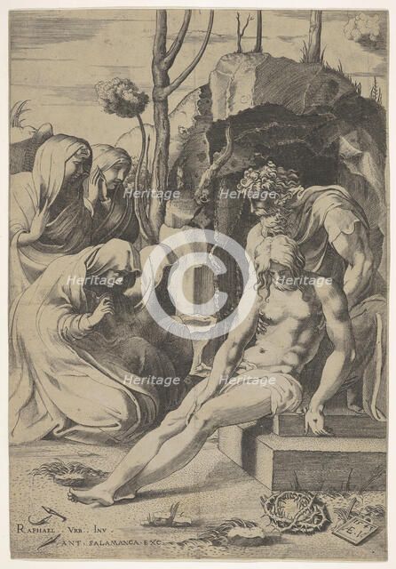 Entombment of Christ, whose chest is grasped by Joseph of Arimathea, with two kneeling and..., 1543. Creator: Enea Vico.