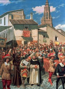 Entourage accompanying two confessed prisoners wearing hood to the gallows, after having been tri…