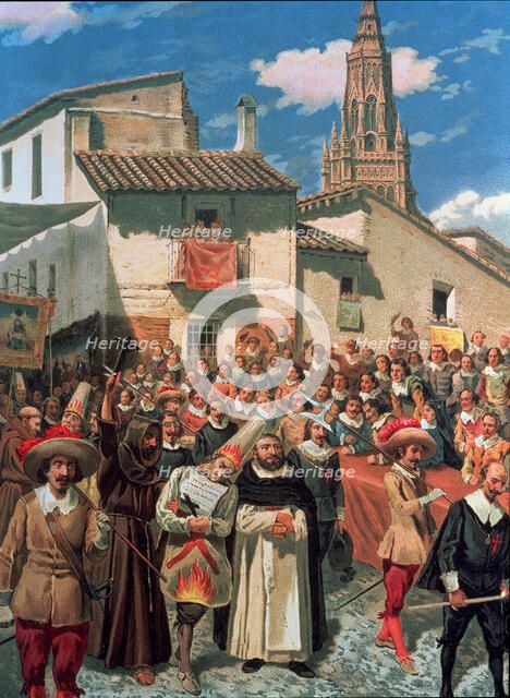 Entourage accompanying two confessed prisoners wearing hood to the gallows, after having been tri…