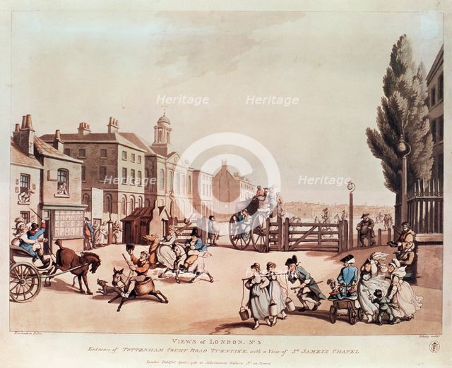 'Entrance of Tottenham Court Road Turnpike, with a view of St James's Chapel', 1798. Creator: Heinrich Schutz.