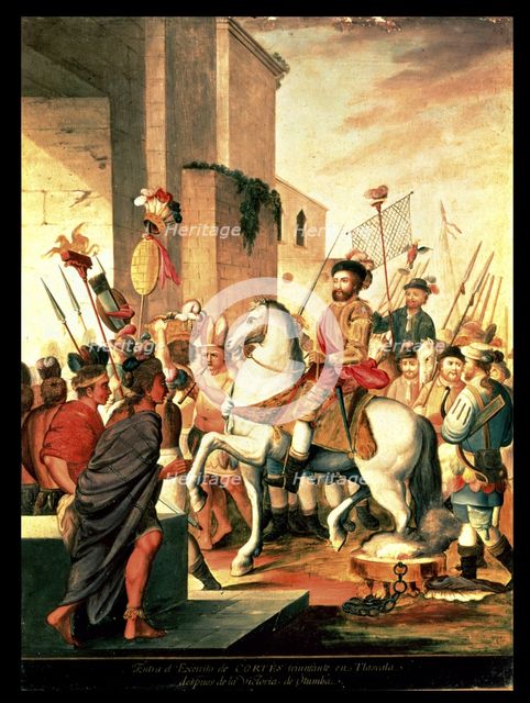 Entrance of the Cortés army triumphant in Tlascala after the victory of Otumba, painting inspired…