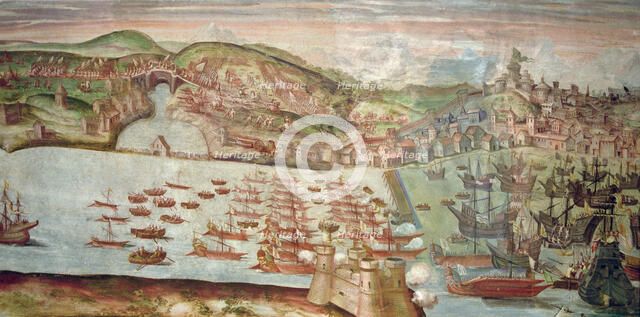  'Entrance of the fleet in Lisbon', fresco in the hall of Portugal in the Palace of the Marquis o…