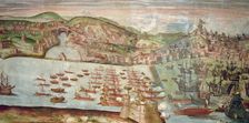 Entrance of the fleet in Lisbon fresco in the hall of Portugal in the Palace of the Marquis o…