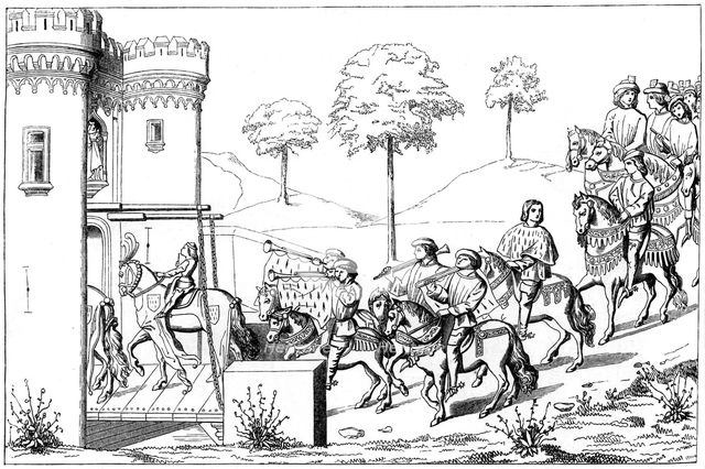 Entrance of the lord chief into the site of the tournament, 15th century (1849). Artist: Unknown