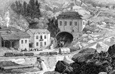 Entrance of the railroad in Saint - Gotthard tunnel in Swiss Alps, engraving, 1882