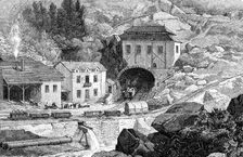 Entrance of the railroad in Saint - Gotthard tunnel in Swiss Alps, engraving, 1882