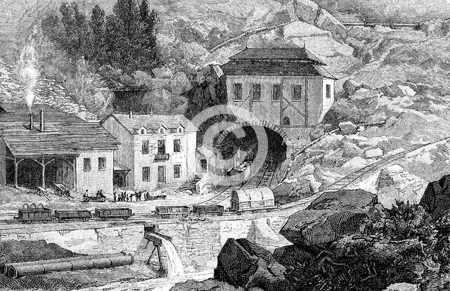 Entrance of the railroad in Saint - Gotthard tunnel in Swiss Alps, engraving, 1882.