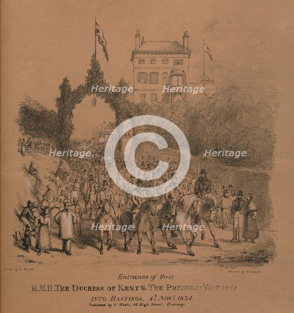 'Entrance of their R.H.H. The Duchess of Kent & The Princess Victoria into Hastings' Creator: J. Thorpe.