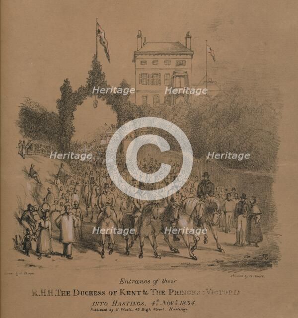 'Entrance of their R.H.H. The Duchess of Kent & The Princess Victoria into Hastings' Creator: J. Thorpe.