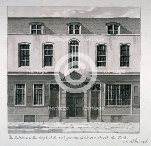 Entrance to a Baptist burial ground in Quilp Street, Southwark, London, c1825. Artist: Robert Blemmell Schnebbelie