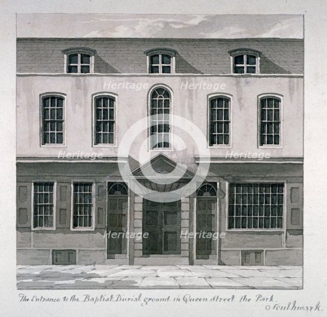 Entrance to a Baptist burial ground in Quilp Street, Southwark, London, c1825. Artist: Robert Blemmell Schnebbelie