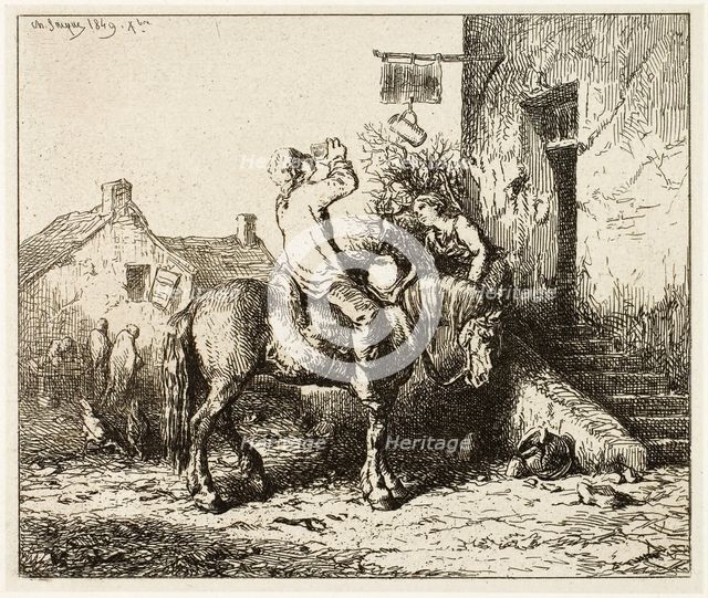 Entrance to an Inn, with Peasant Drinking, 1849. Creator: Charles Emile Jacque.
