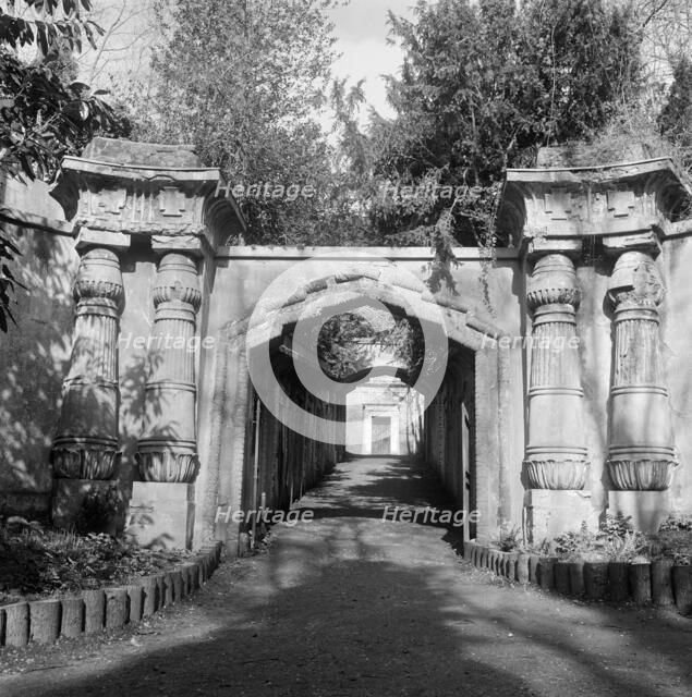 Entrance to Egyptian Avenue in the West Cemetery, Highgate Cemetery, Hampstead, London, 1993. Artist: John Gay.