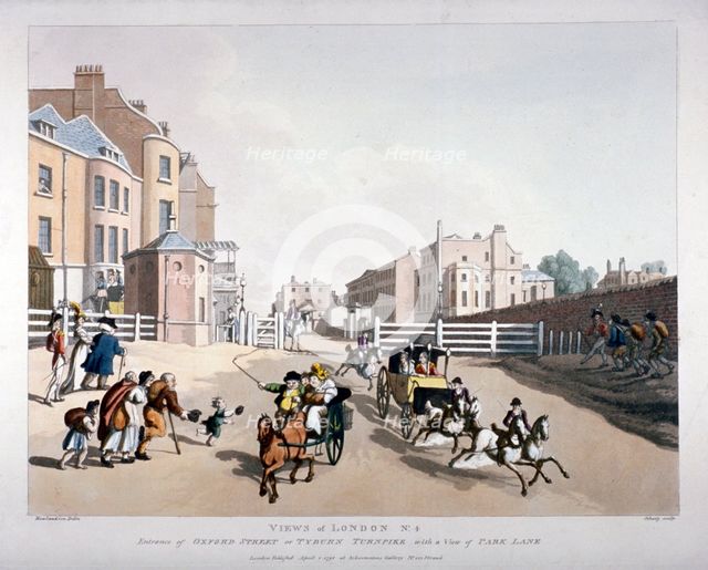 Entrance to Oxford Street at the Tyburn Turnpike, London, 1798. Artist: Heinrich Schutz