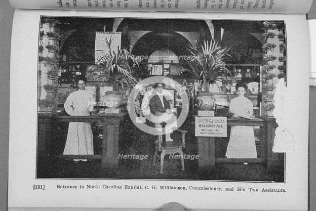 Entrance to North Carolina Exhibit, C. H. Williamson, Commissioner, and his two assistants, 1911. Creator: Unknown.