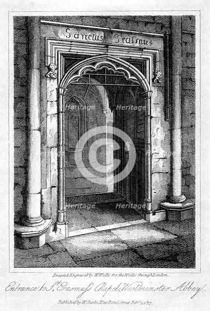Entrance to St Erasmus's Chapel, Westminster Abbey, London, 1817.Artist: W Wallis