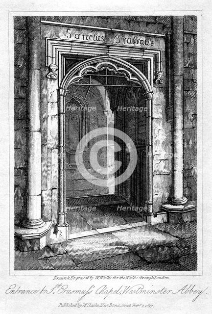 Entrance to St Erasmus's Chapel, Westminster Abbey, London, 1817.Artist: W Wallis