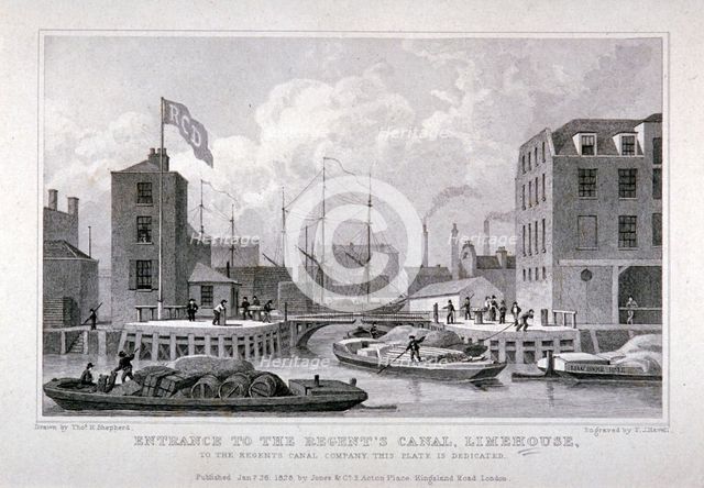 Entrance to Regent's Canal Dock, Limehouse, London, 1828. Artist: Frederick James Havell