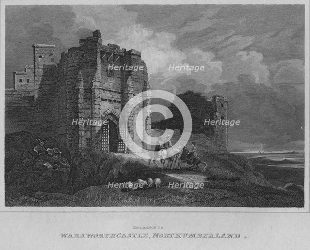 'Entrance to Warkworth Castle, Northumberland', 1814. Artist: John Greig.