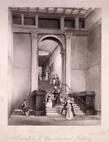 Entrance to the National Gallery in Trafalgar Square, Westminster, London, c1830. Artist: Anon