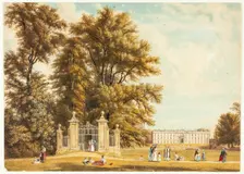 Entrance to the Avenue from Clare Hall Piece, Cambridge, c. 1830. Creator: William Westall