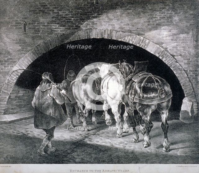 Entrance to the Adelphi wharf showing work horses and two men, Westminster, London, c1850. Artist: Charles Joseph Hullmandel