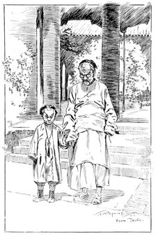 Entrance to the British Legation, Pekin. The oldest servant and his son 1900