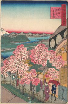 Entrance to the Gankiro Tea House in the Miyozaki District, Yokohama, Bushu, 3rd month, 1859. Creator: Utagawa Hiroshige II